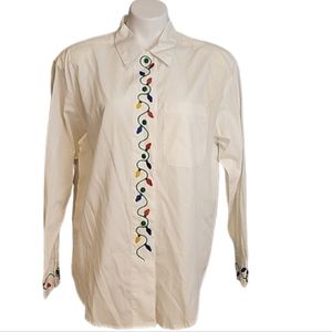 Danielle Martin Vintage White Button Down Holiday Christmas Lights Shirt